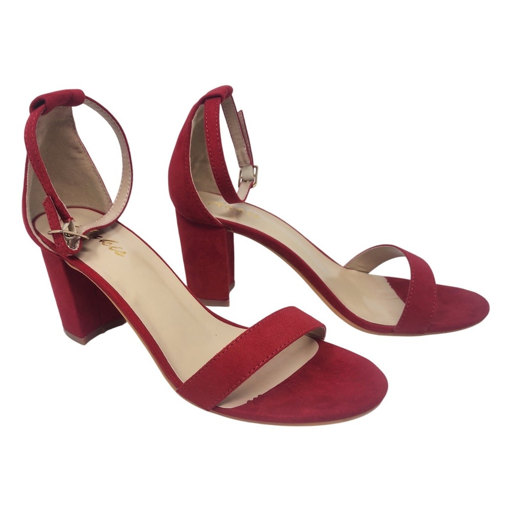 Ankia Womens‎ Red Faux Suede Ankle Strap Block Heel Sandals Size 7.5B(M)